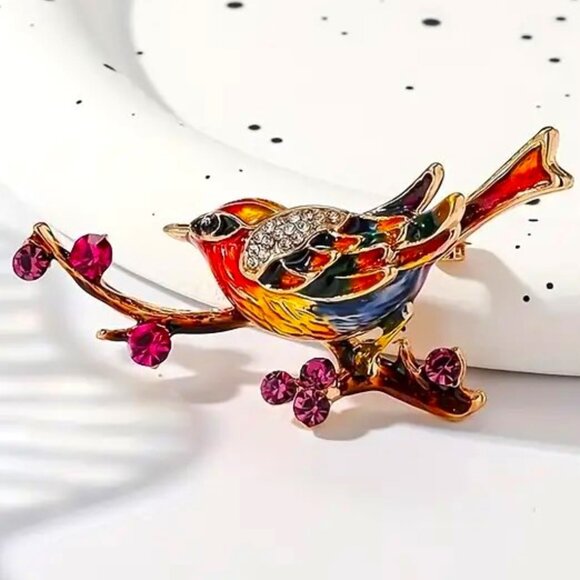 Bird Brooch Rhinestone Enamel Pin Gold Branch Colorful Coat Hat Lapel Magpie - Picture 1 of 2